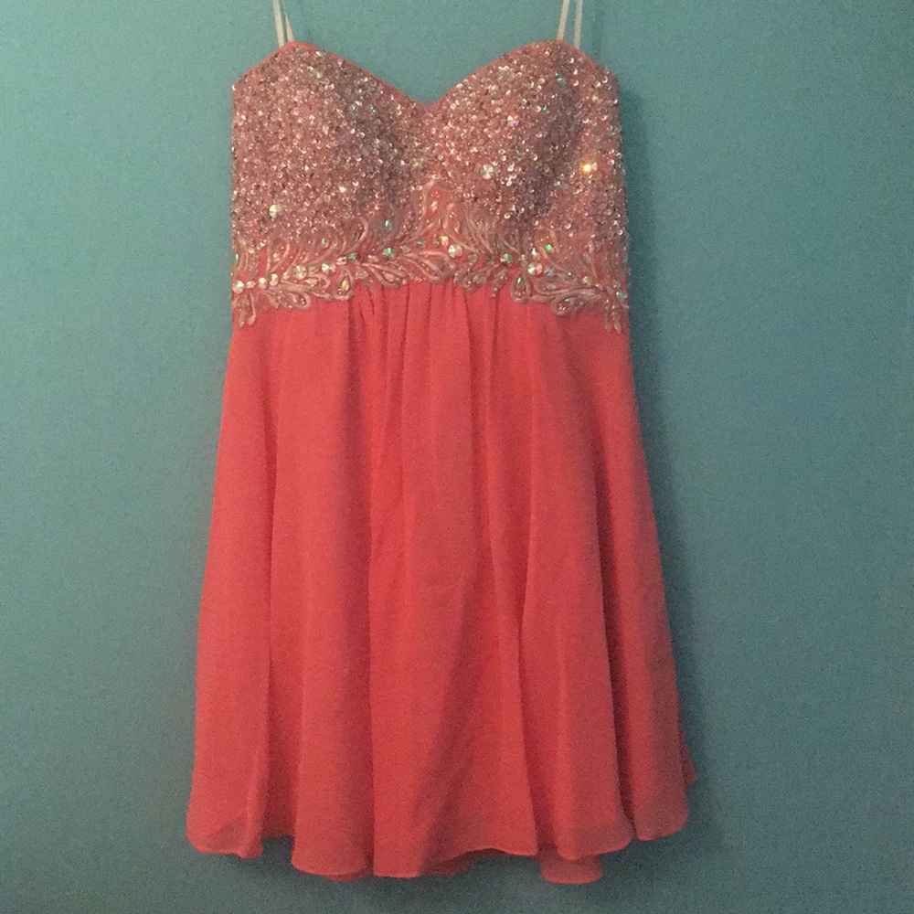 PINK CUTE SHORT PARTY DRESS prom salmon bright pink shimmery sparkly silver